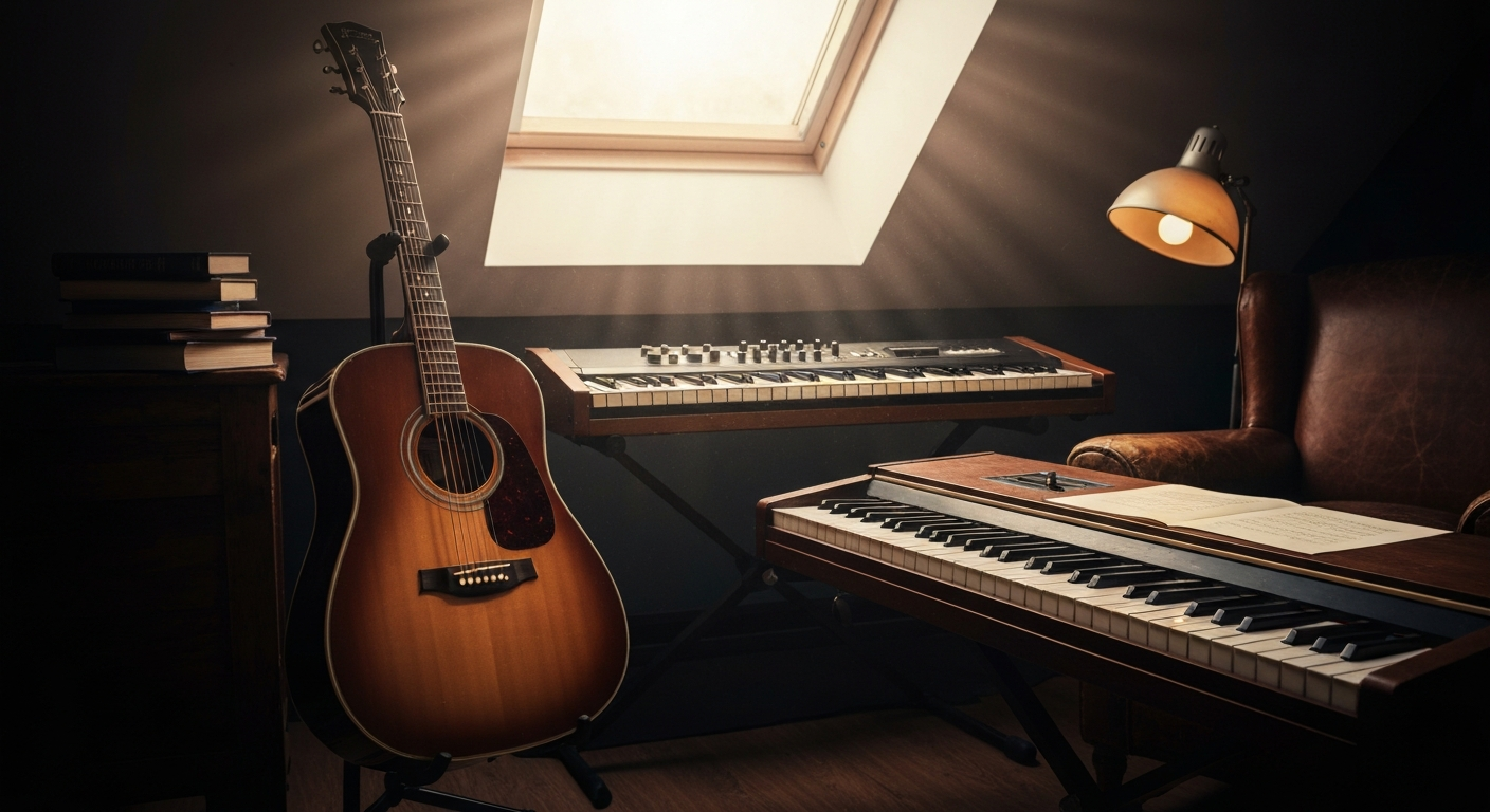 Creative Music Workspace with Acoustic Guitar and Vintage Keyboard