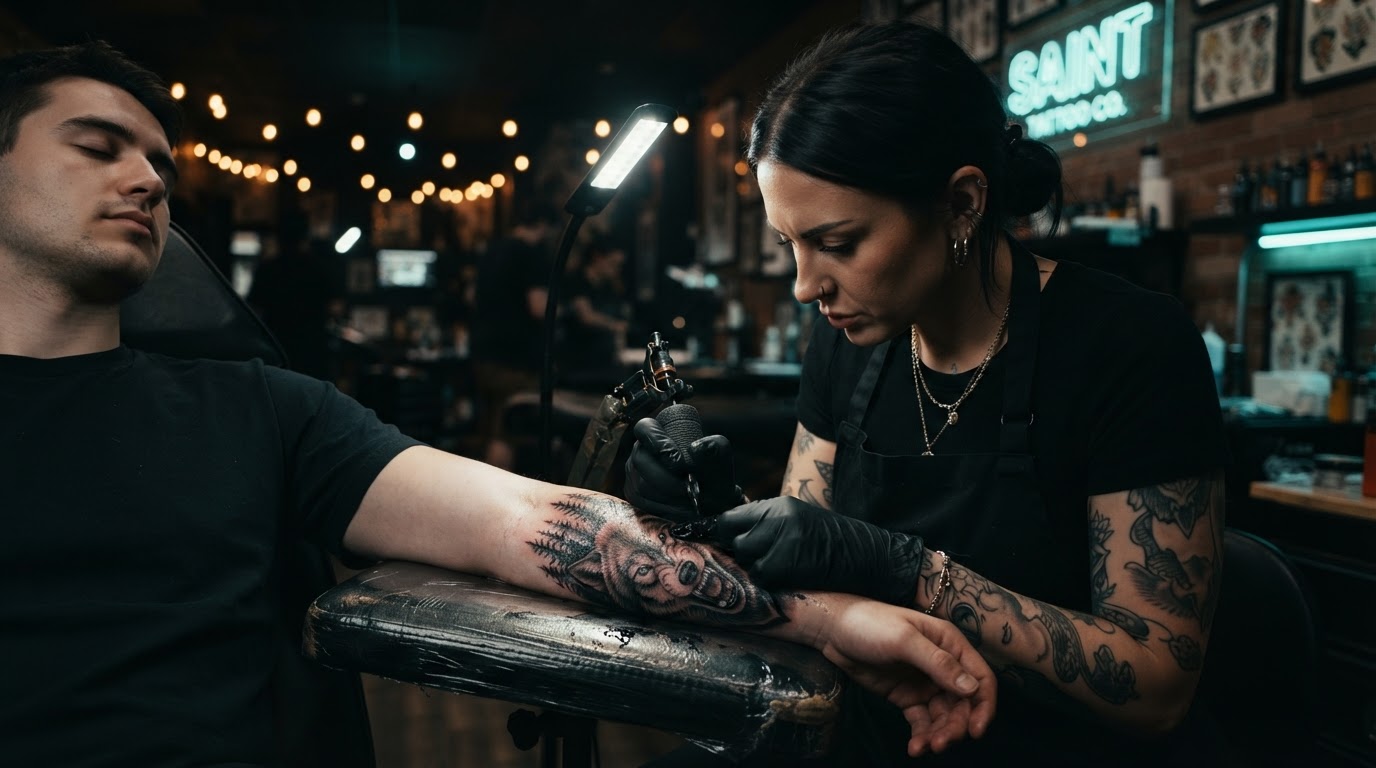 Tattoo artist working on a client's arm in a modern professional studio