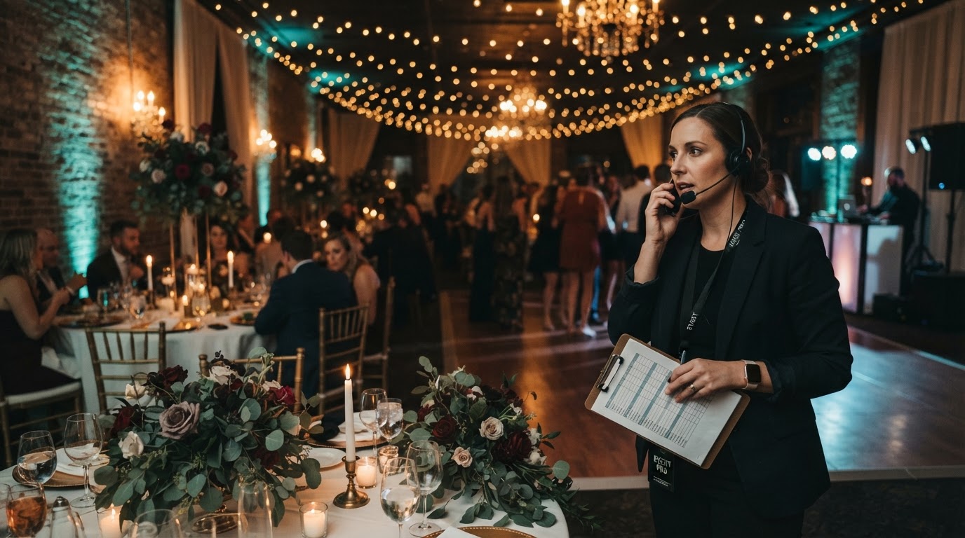 Wedding event professional coordinating an elegant reception with string lights and floral decor