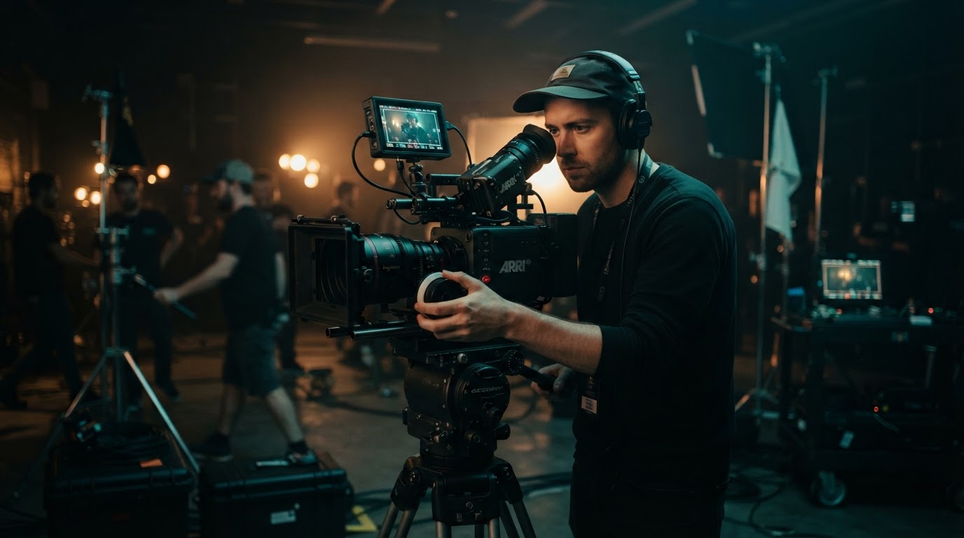 Videographer operating a professional cinema camera on a film set