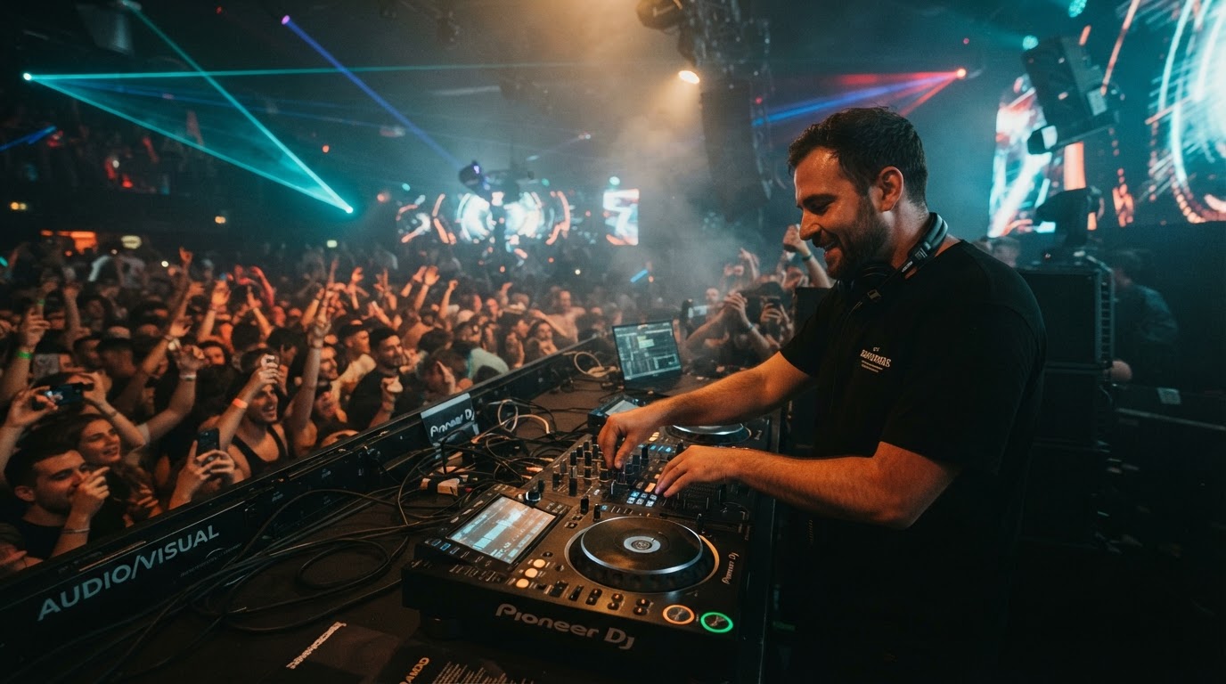 DJ performing at a live event with crowd lights and a modern DJ booth