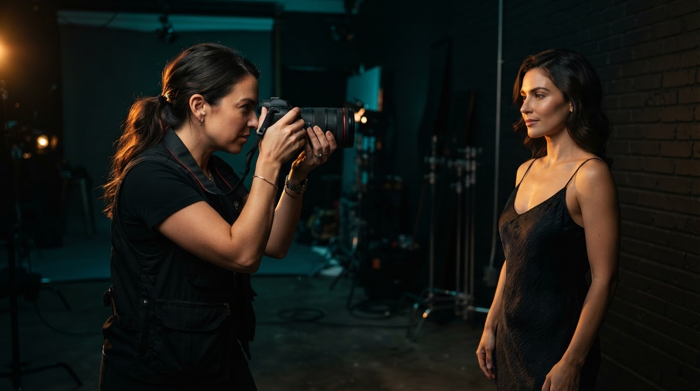 Professional photographer shooting a client in a studio with dramatic lighting