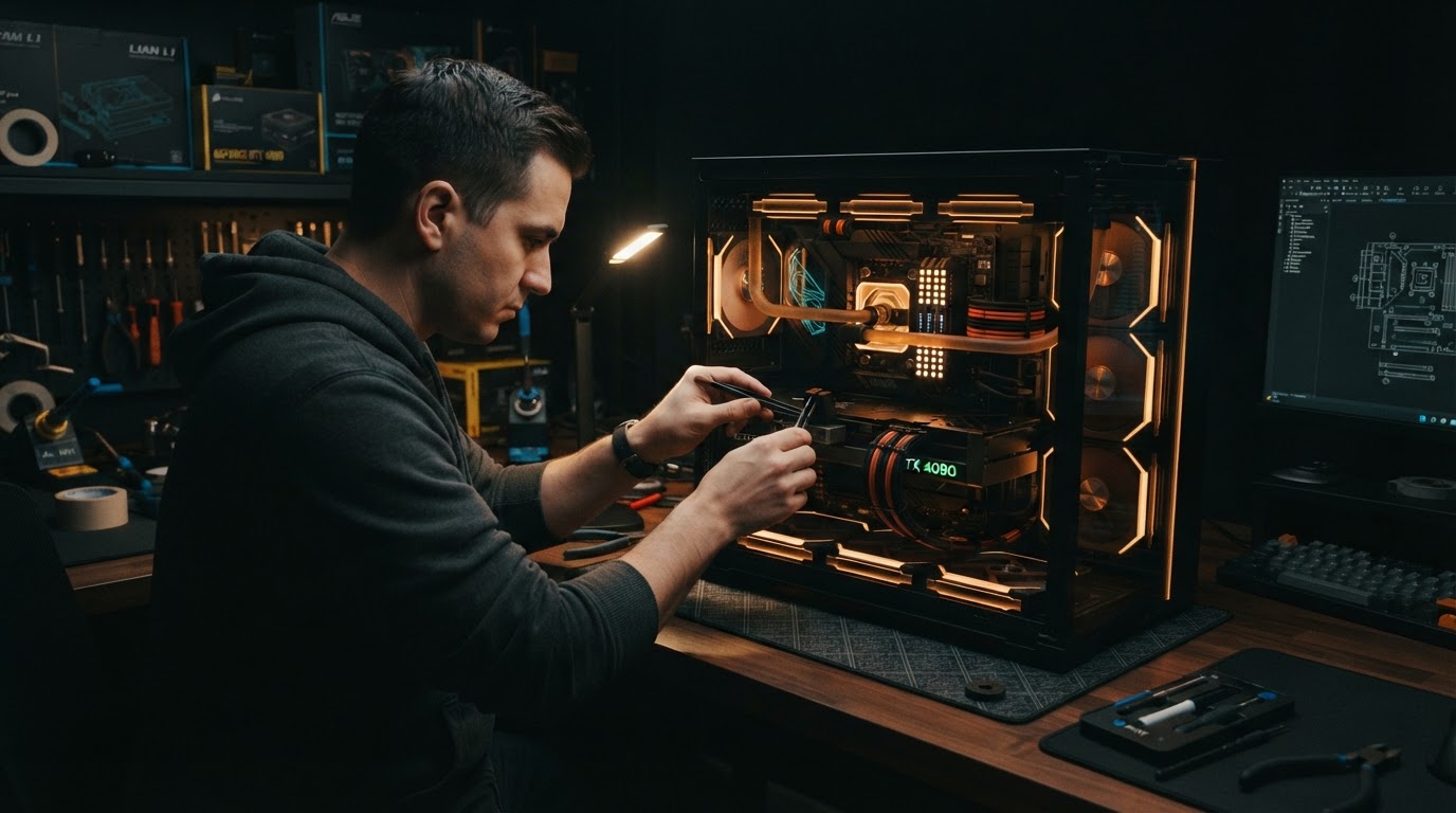 Custom PC builder assembling a high-end RGB gaming PC at a clean workstation