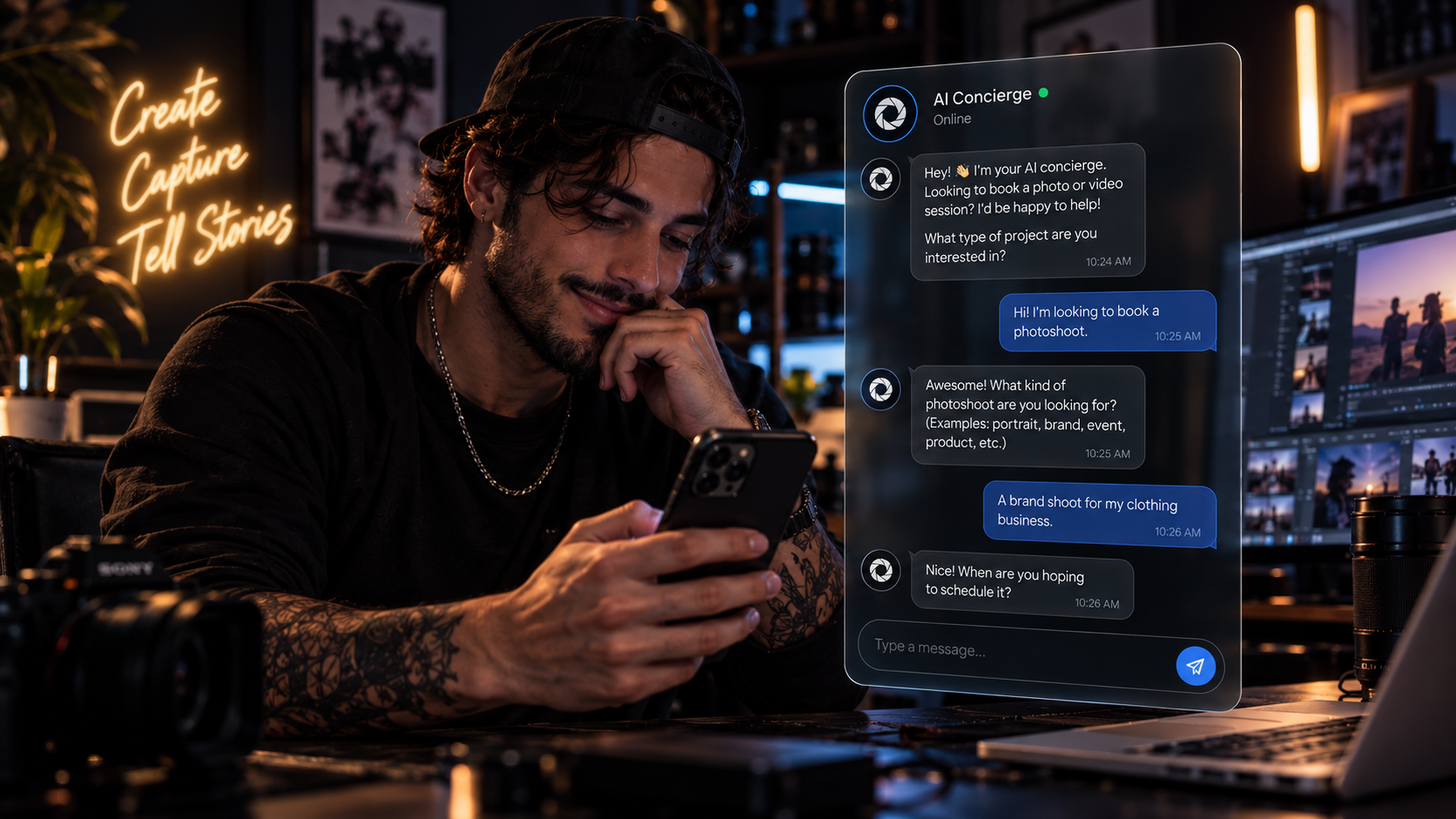 AI Concierge live chat assistant answering inquiry for creative professional