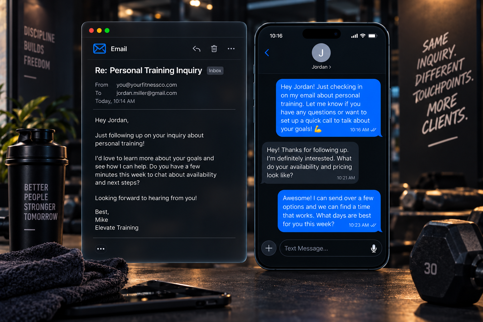 Automated email and SMS multi-touch follow-up system for personal training inquiry