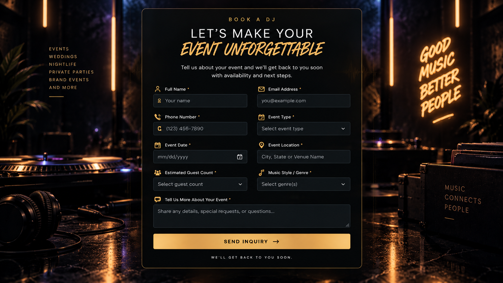 Book a DJ event inquiry and booking showcase