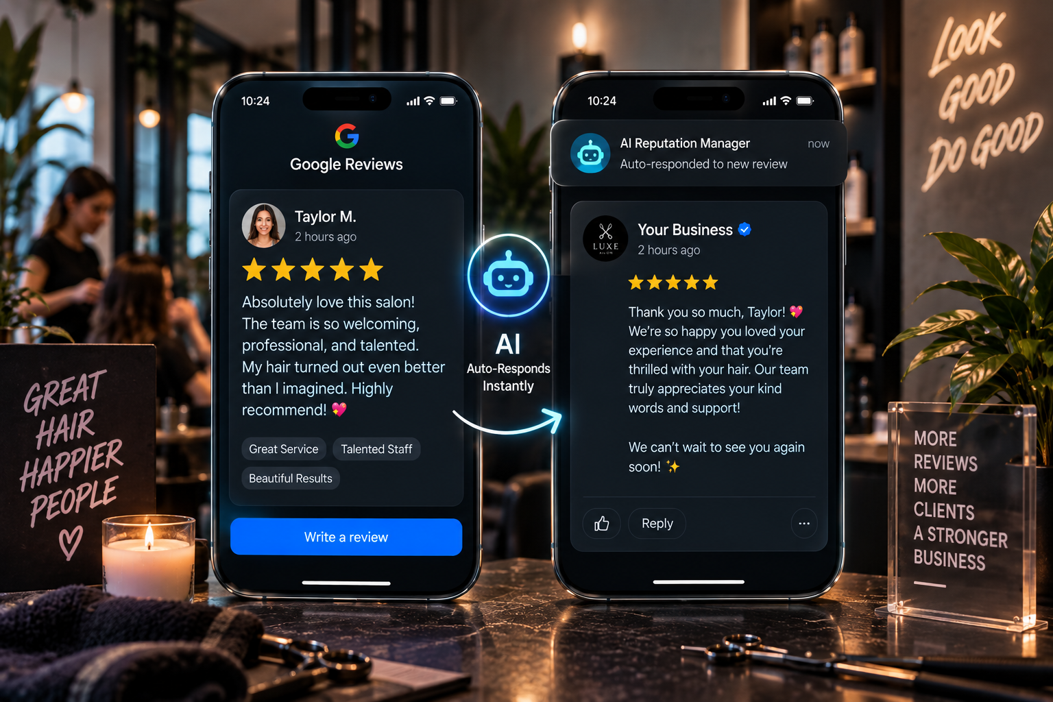 AI Reputation Manager auto-responding instantly to 5-star Google reviews
