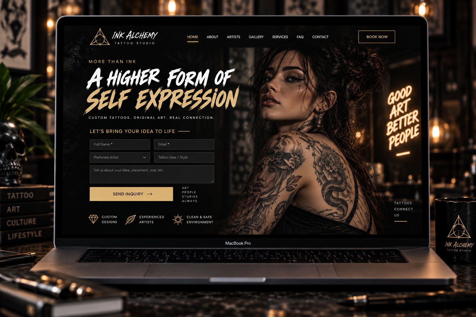 Ink Alchemy tattoo studio website and booking showcase