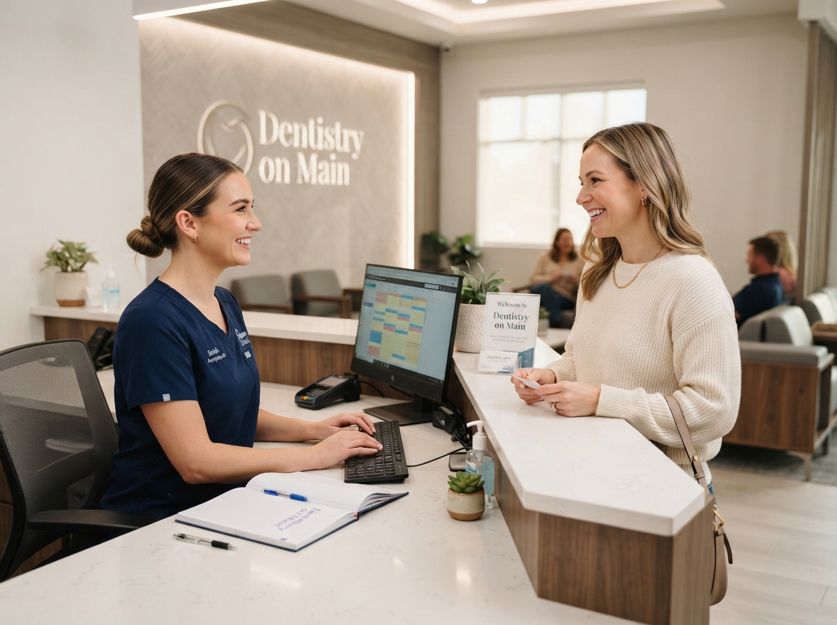 Dental office receptionist booking an appointment with a patient
