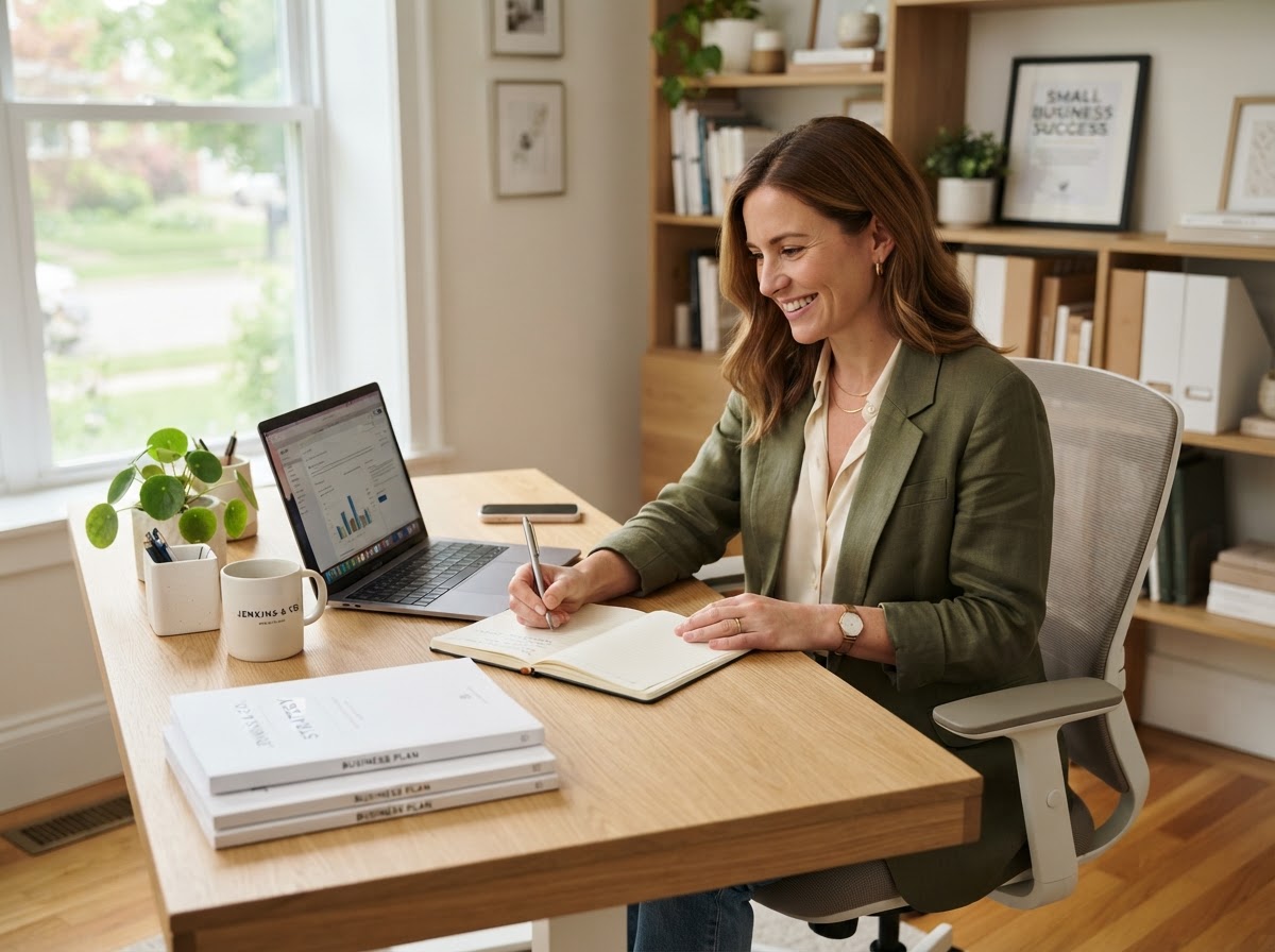 Small business owner working efficiently at a modern desk