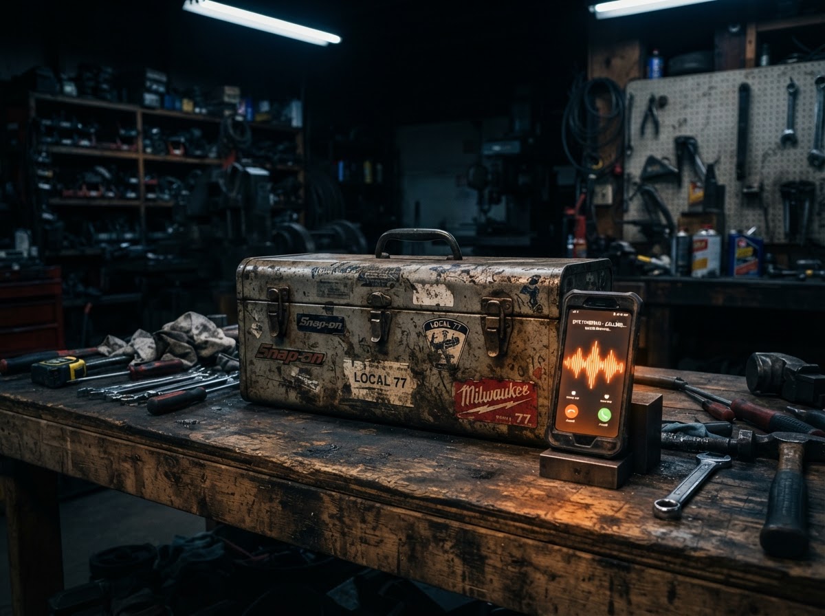 Smartphone showing Frontline Ops running beside a steel toolbox on a workbench