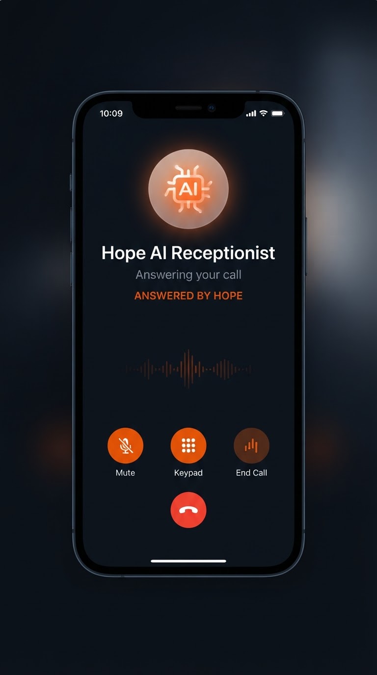Hope AI voice receptionist answering an incoming call on a smartphone, Frontline Ops
