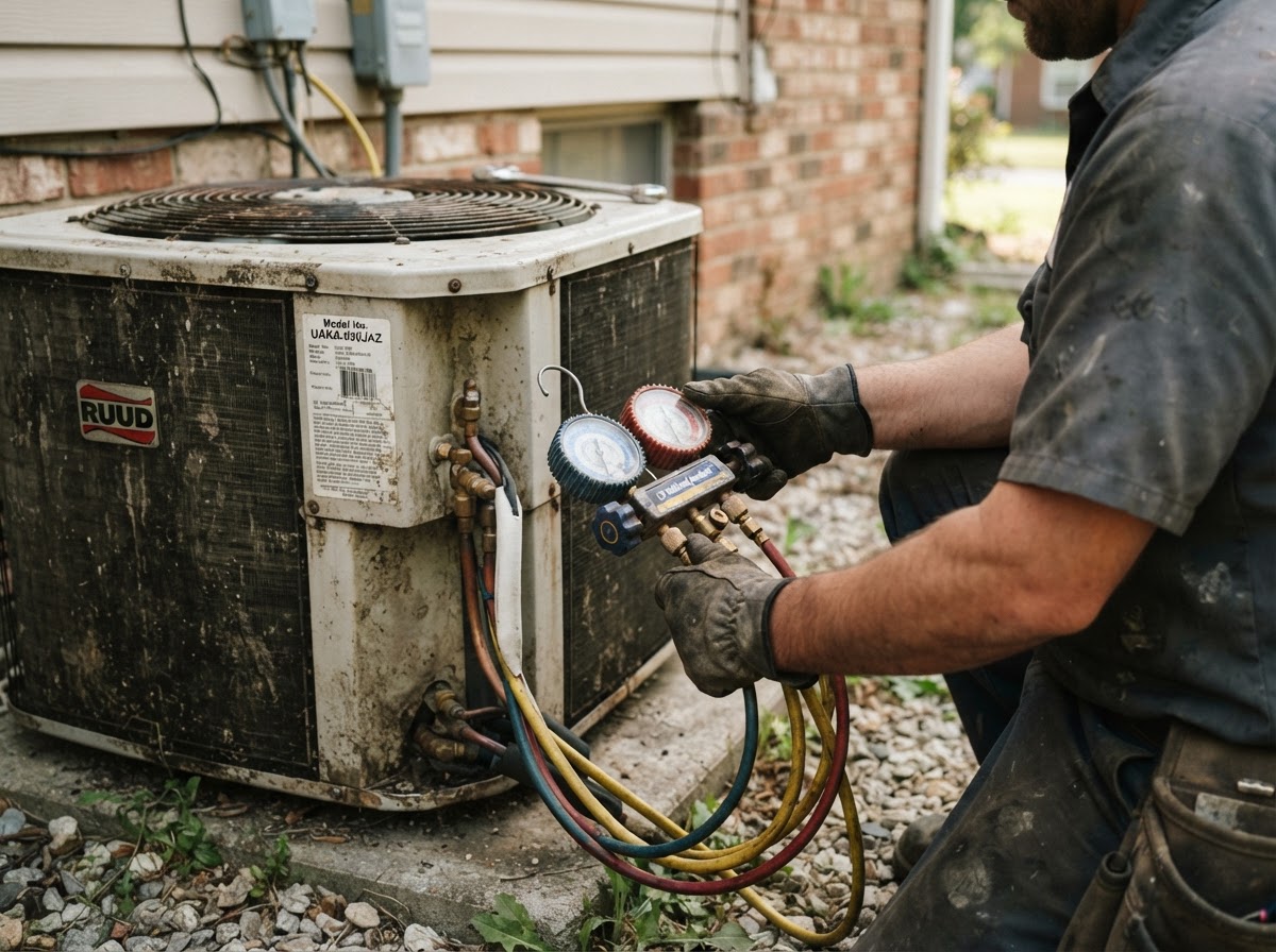 HVAC technician servicing an outdoor condenser unit with manifold gauges