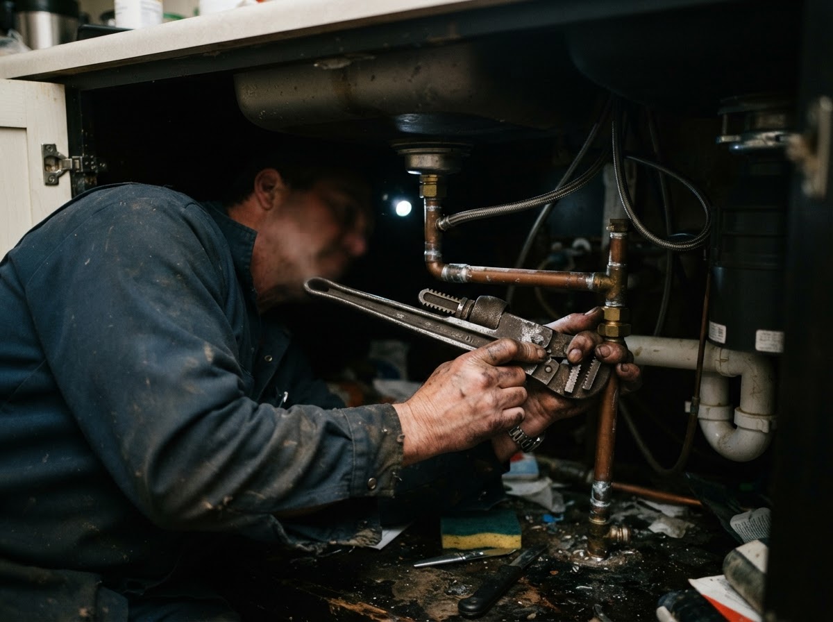 Plumber tightening a copper fitting under a kitchen sink