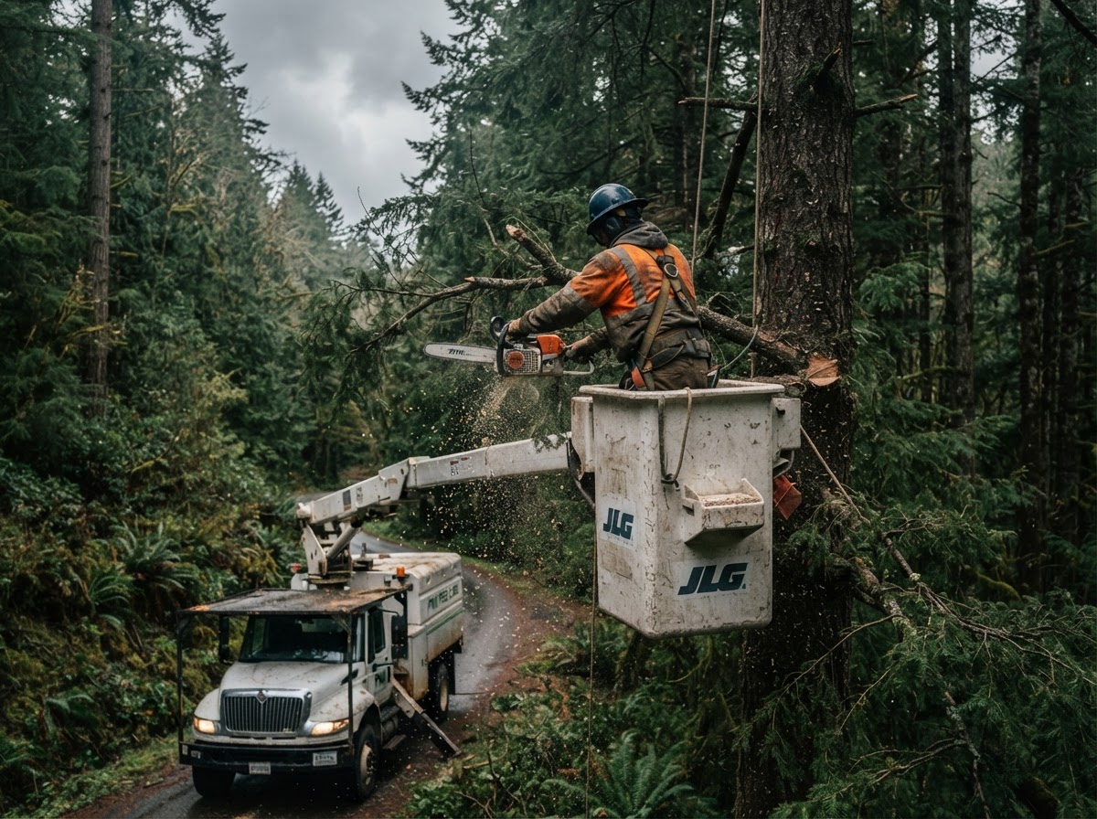 Arborist trimming branches from a boom bucket truck in the Pacific Northwest