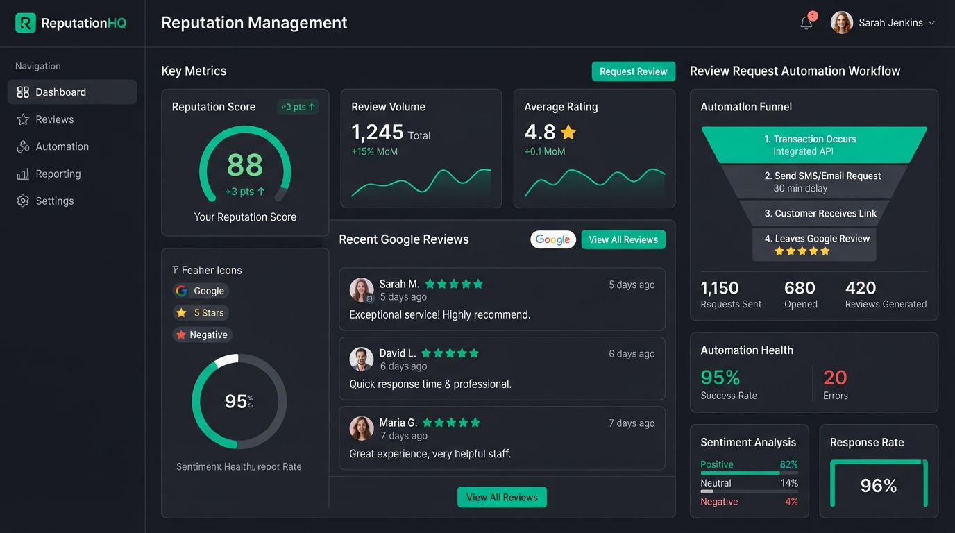 Frontline Ops reputation dashboard showing automated Google review requests