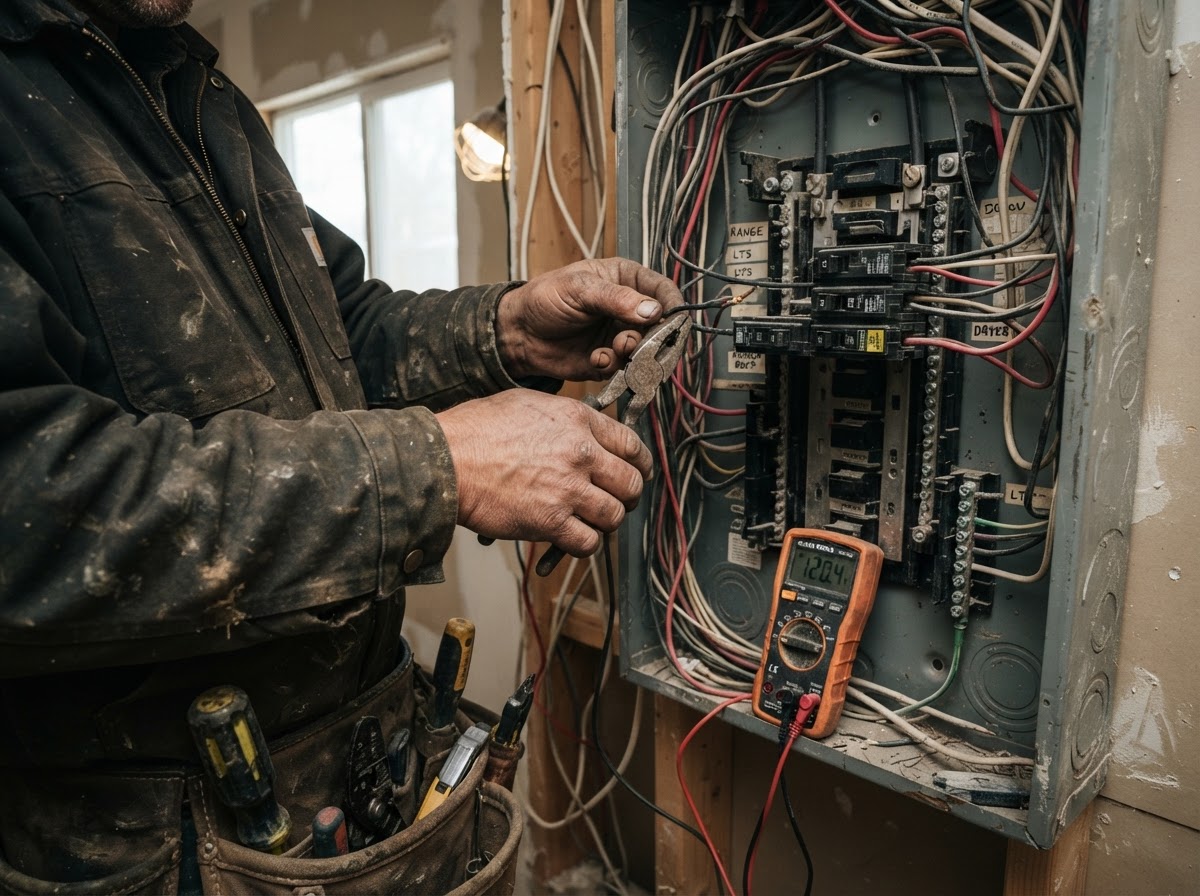 Electrician installing wiring into a residential breaker panel