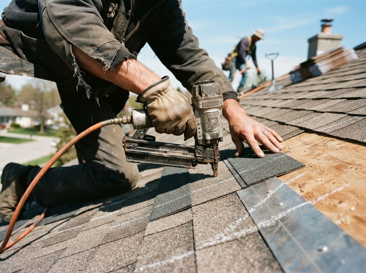 Roofer nailing asphalt shingles on a residential roof