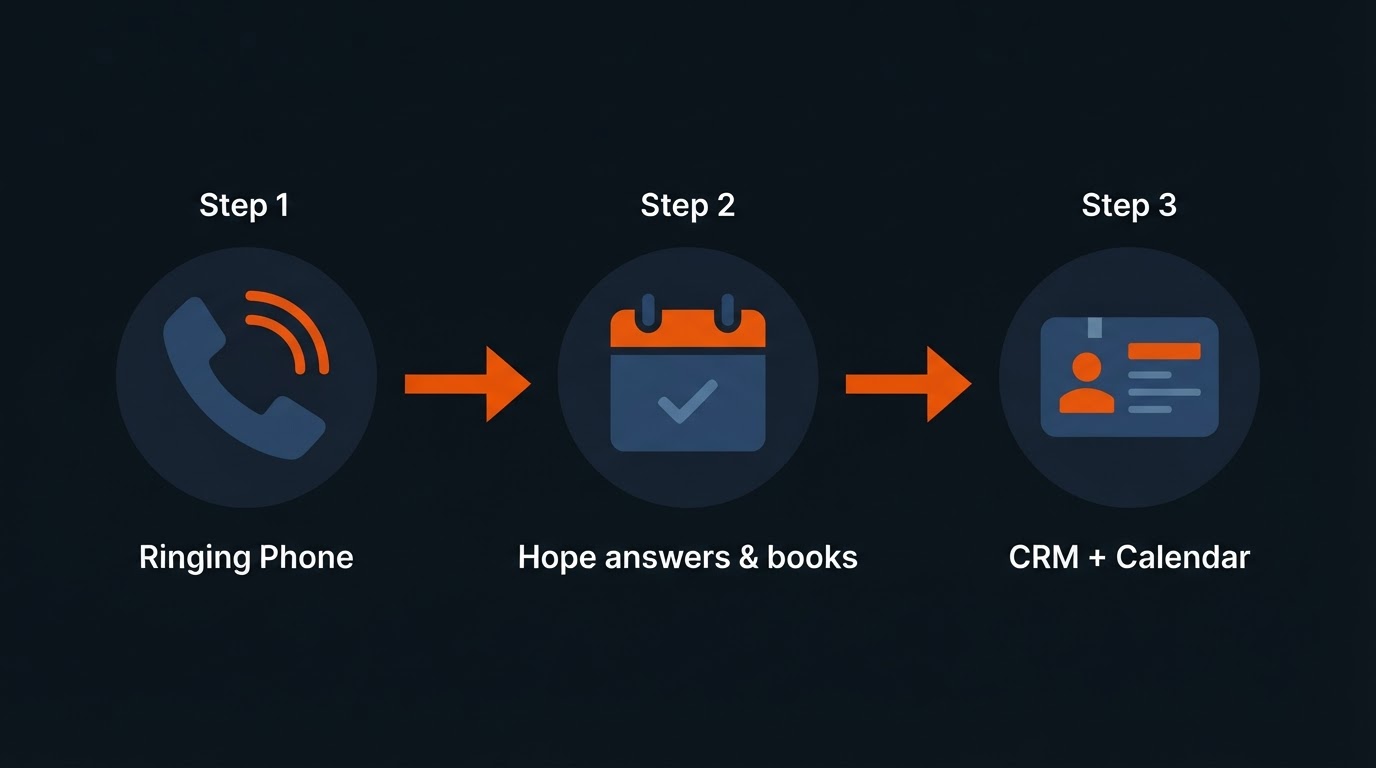 Flow diagram: incoming call to Hope answering and booking to CRM and calendar