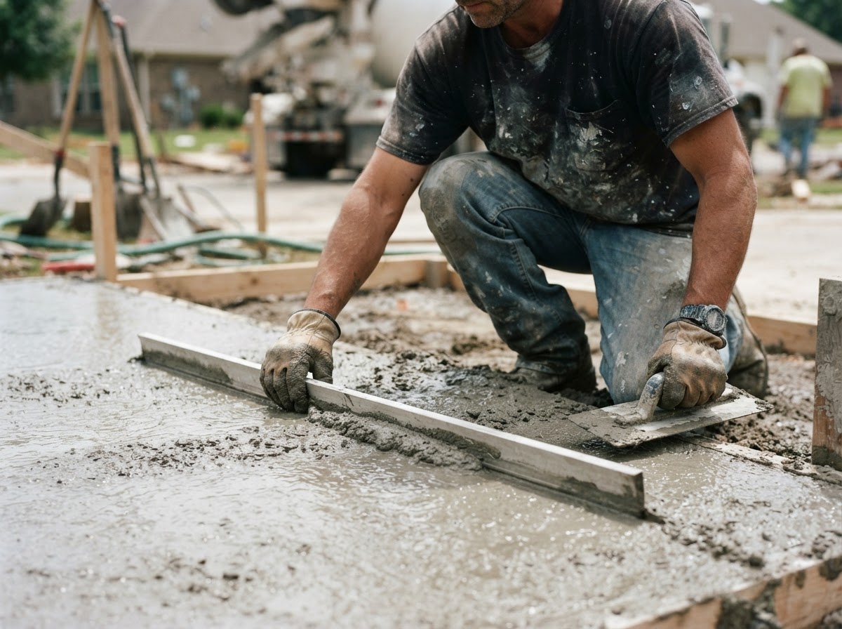 Concrete finisher screeding a fresh residential driveway pour