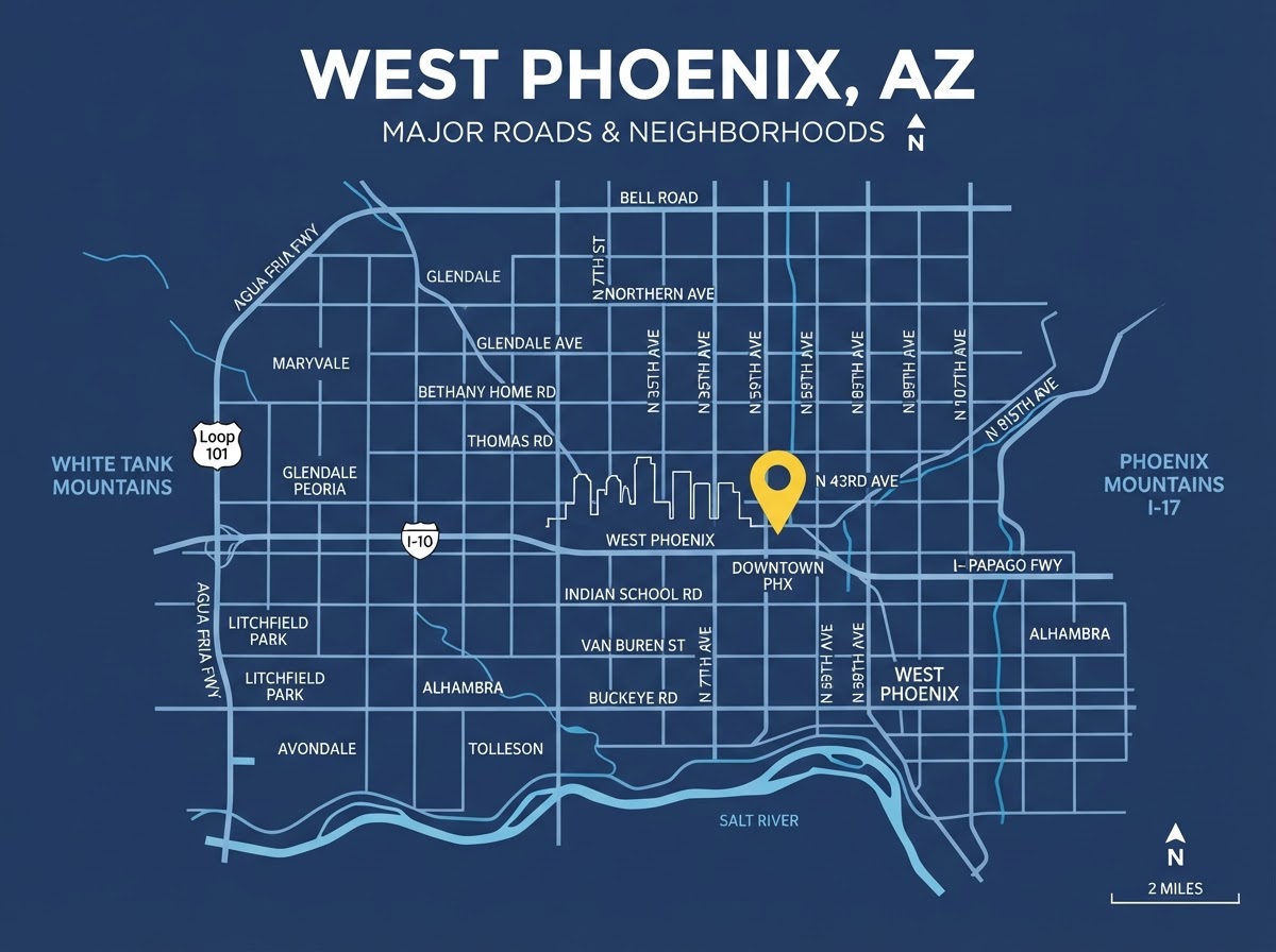 Map of Phoenix, AZ service area for Skinner Plumbing & Restoration