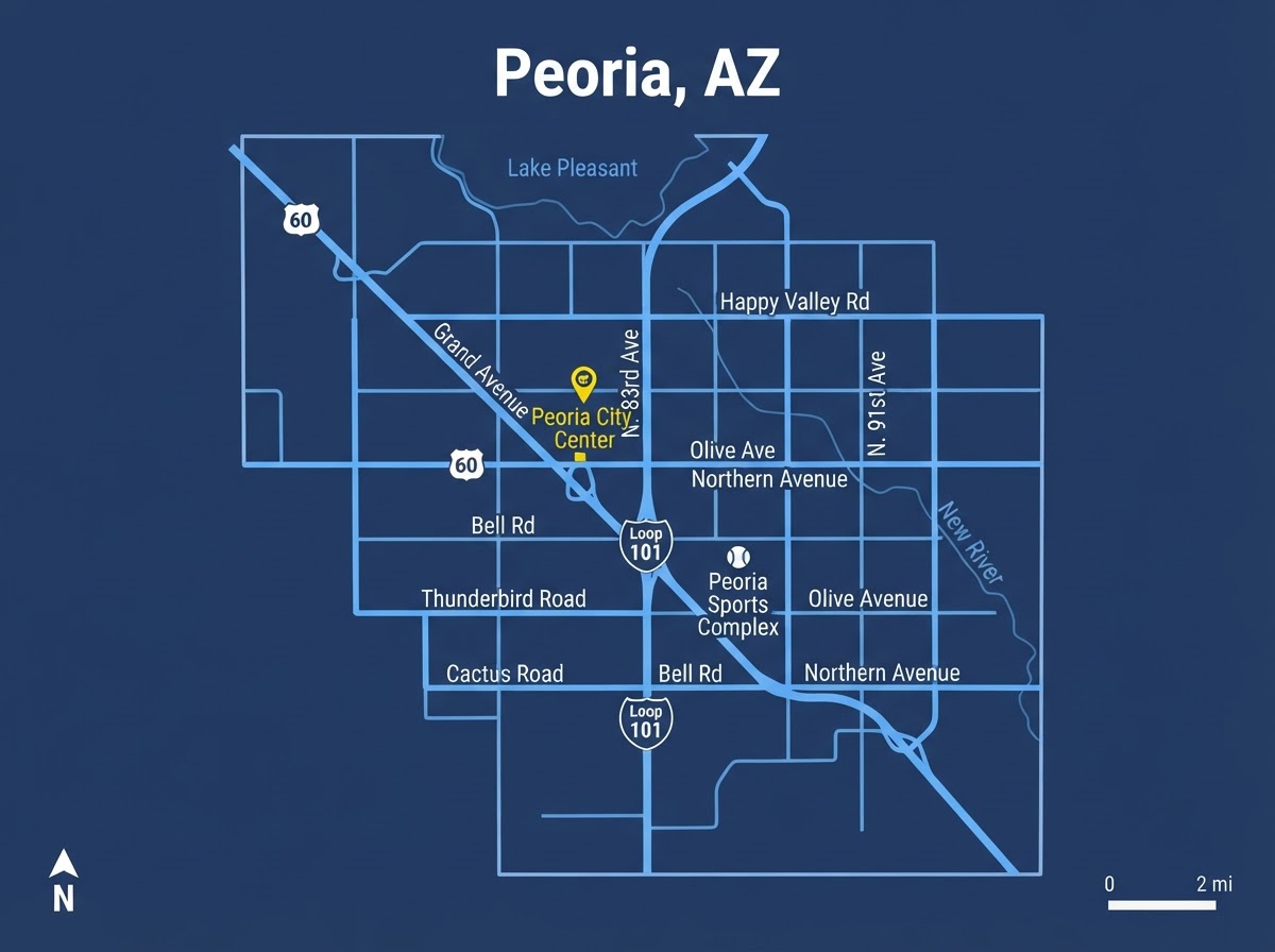 Map of Peoria, AZ service area for Skinner Plumbing & Restoration