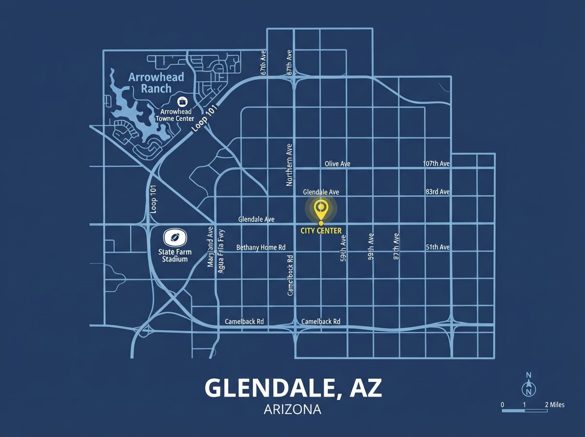 Map of Glendale, AZ service area for Skinner Plumbing & Restoration