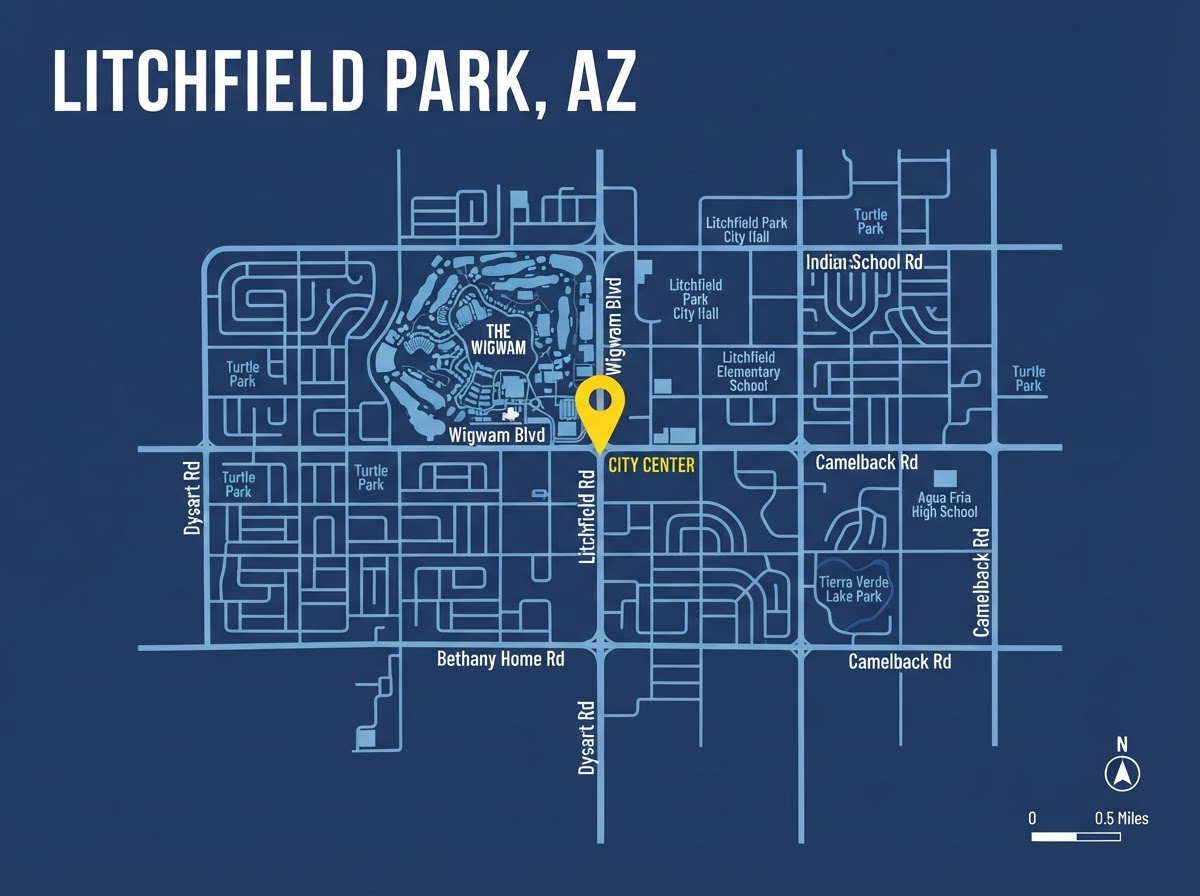 Map of Litchfield Park, AZ service area for Skinner Plumbing & Restoration