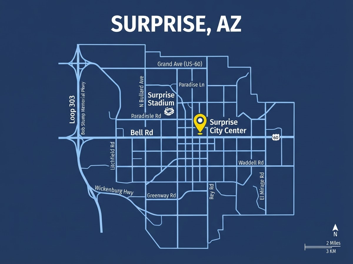 Map of Surprise, AZ service area for Skinner Plumbing & Restoration