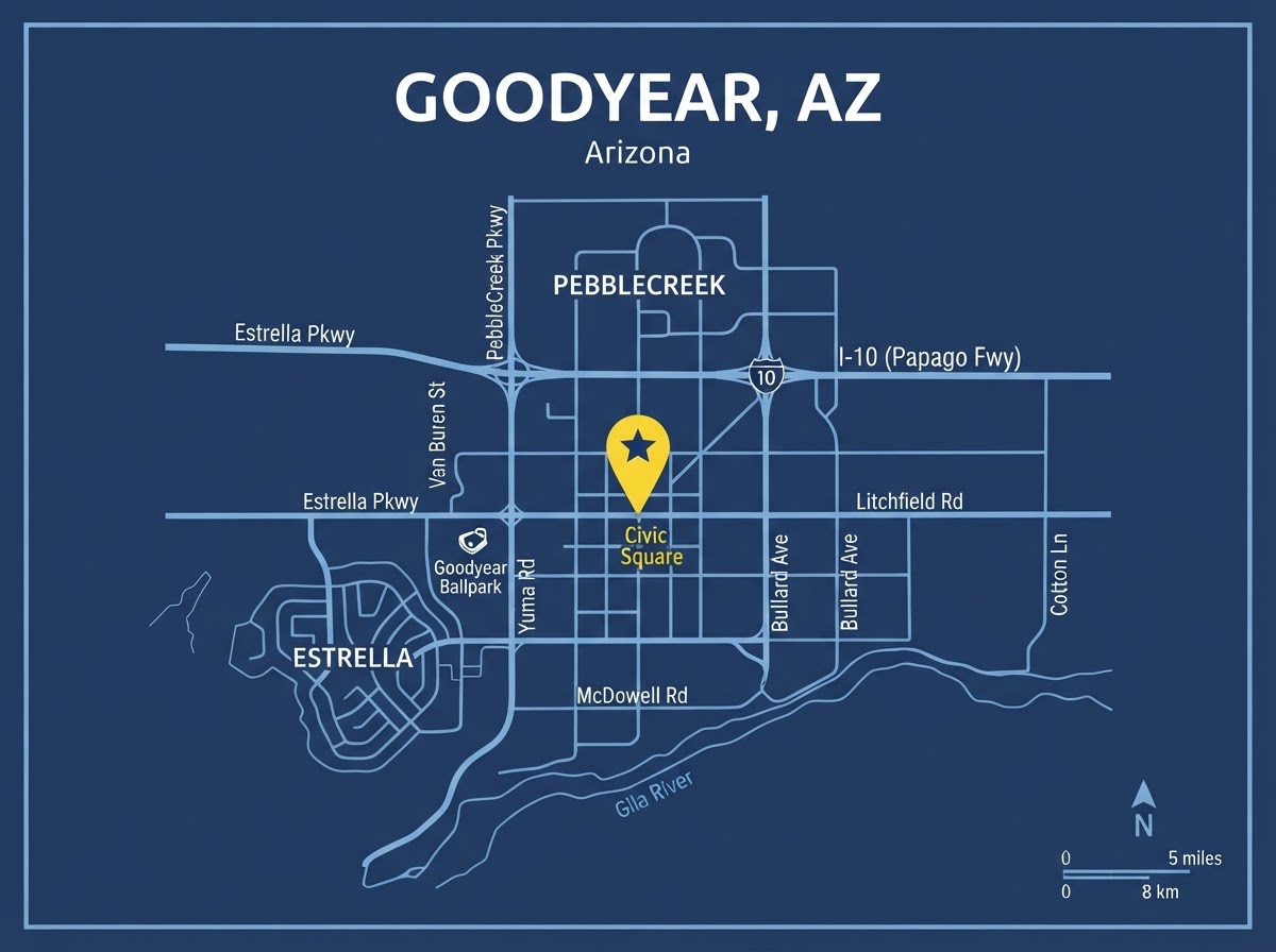 Map of Goodyear, AZ service area for Skinner Plumbing & Restoration