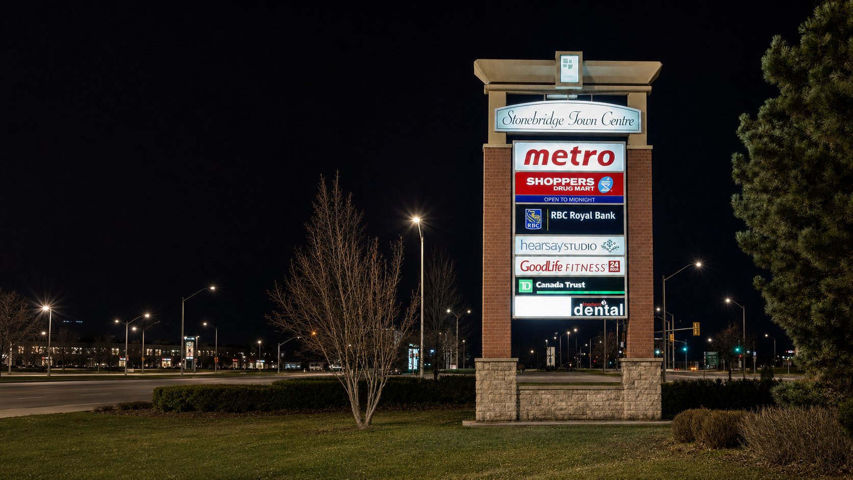 Stonebridge Town Centre Pylon Sign at night