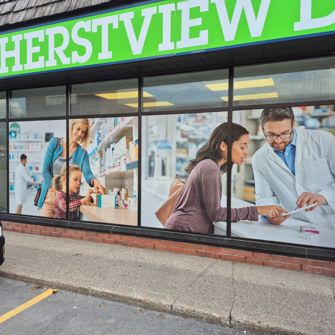 OakView Pharmacy storefront window graphics