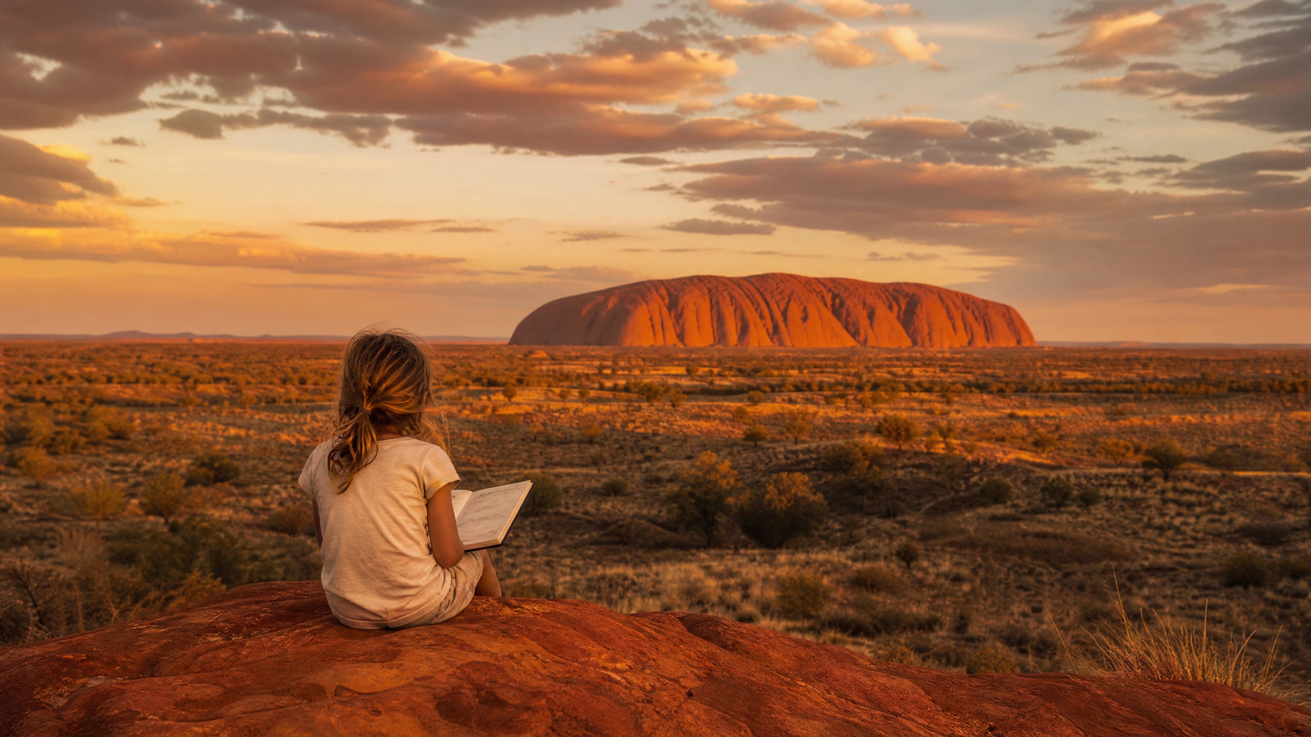 Child reading at Uluru during sunset