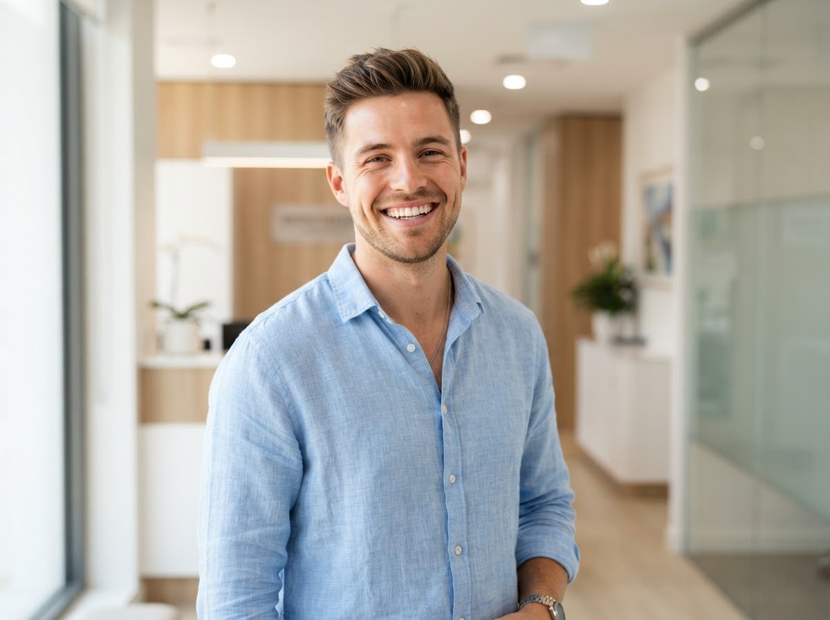 Giovane uomo sorridente vestito, ortodonzia e allineamento dentale per adulti