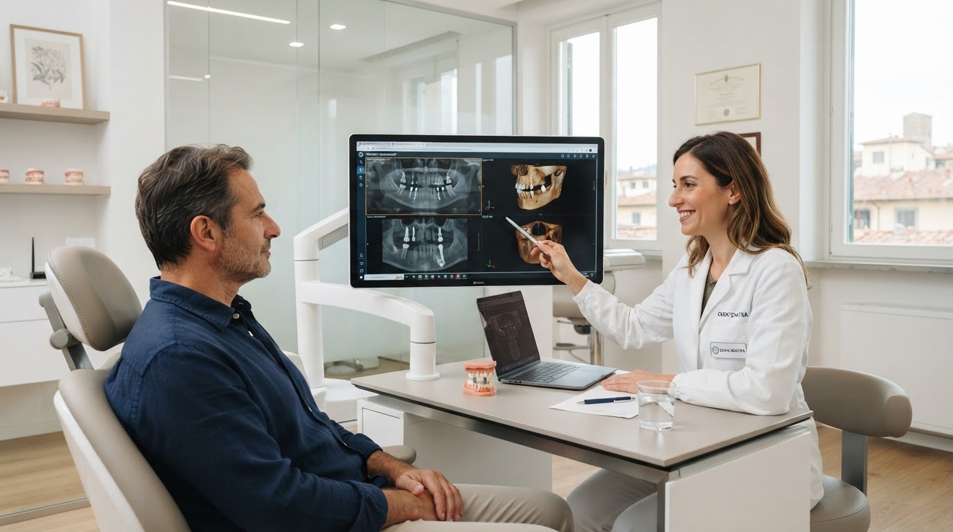 Odontoiatra che illustra immagini diagnostiche a un paziente durante una valutazione implantologica