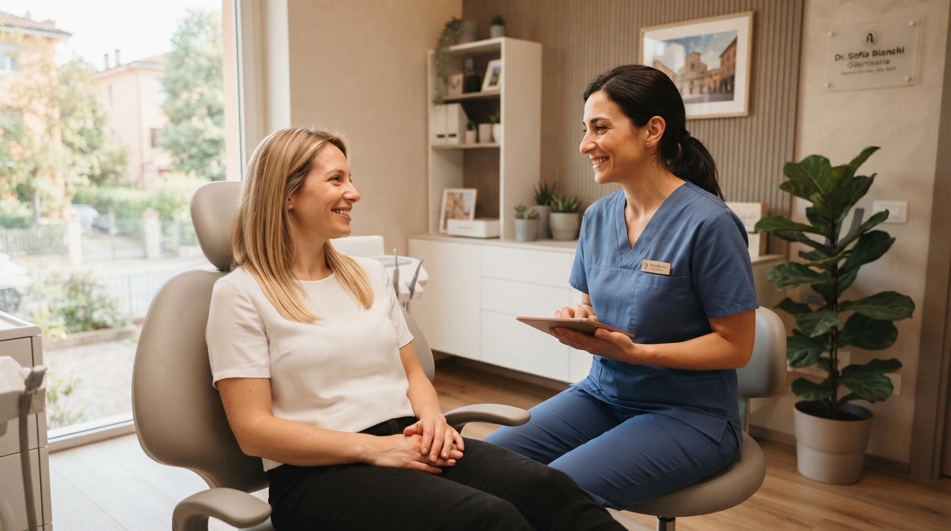 Dentista che parla con un paziente rilassato in un ambiente accogliente