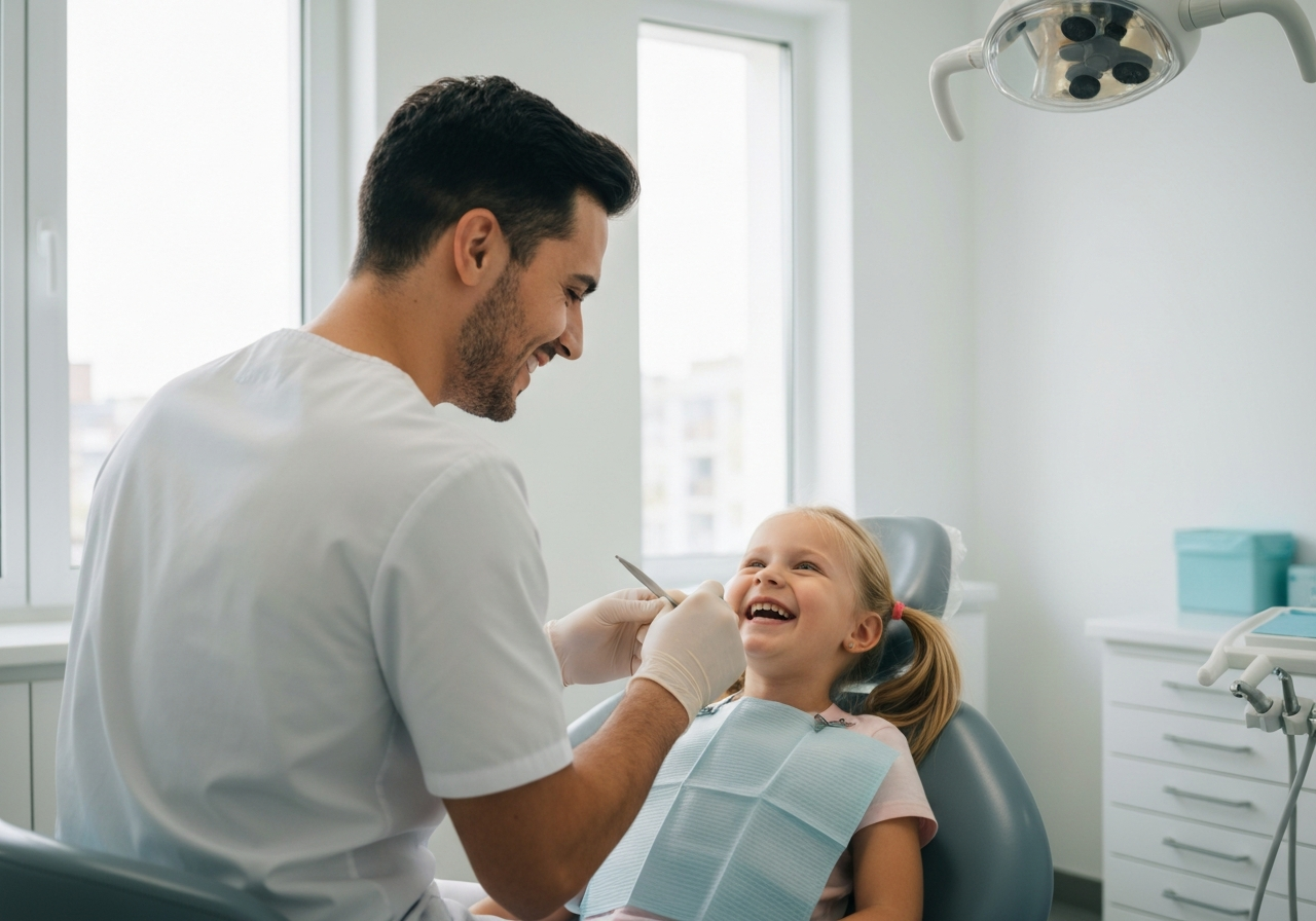 Dentista che cura un bambino sorridente in poltrona