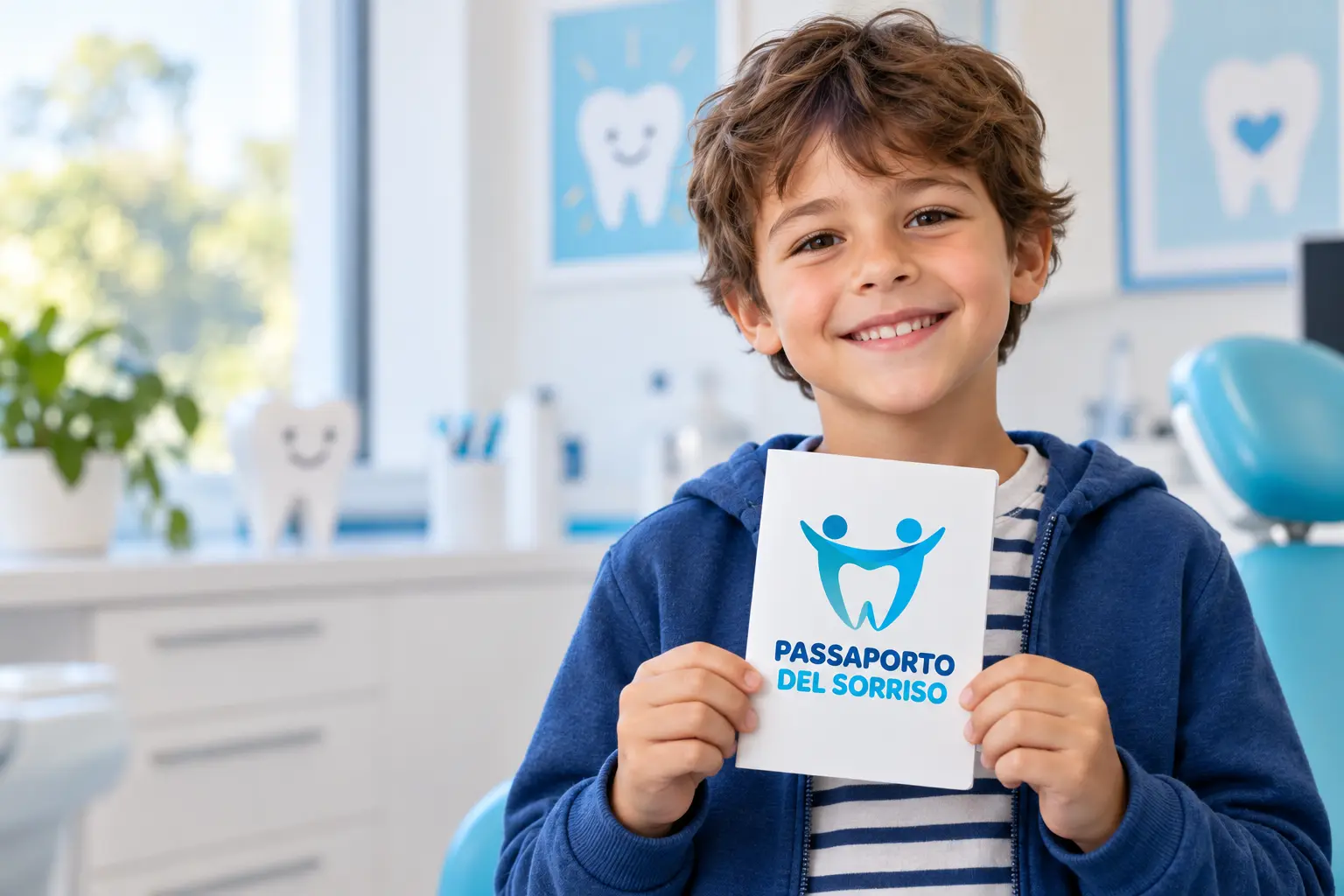 Bambino sorridente con il Passaporto del Sorriso del programma Sorriso Futuro.