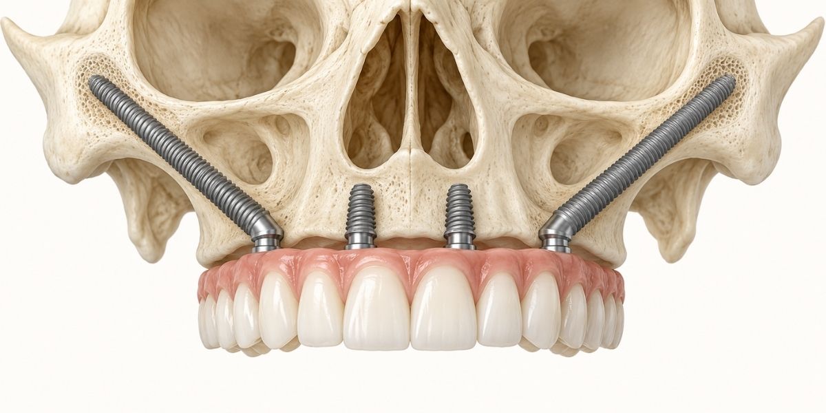 Schema di riabilitazione implantare per grave atrofia ossea con impianti zigomatici e inclinati