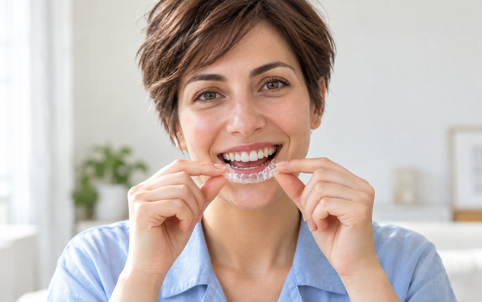 Paziente con allineatori trasparenti per allineamento dentale