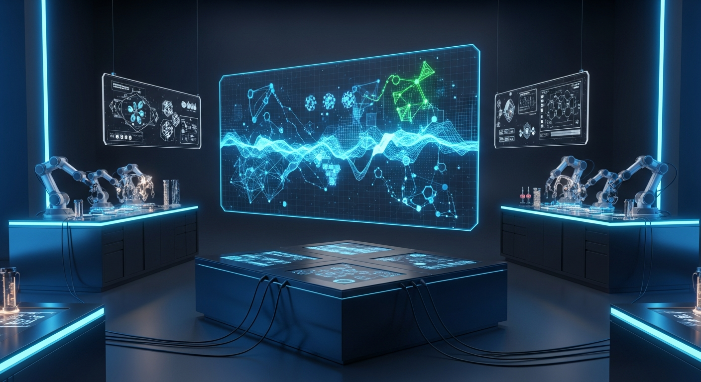 Futuristic laboratory and abstract digital data flow