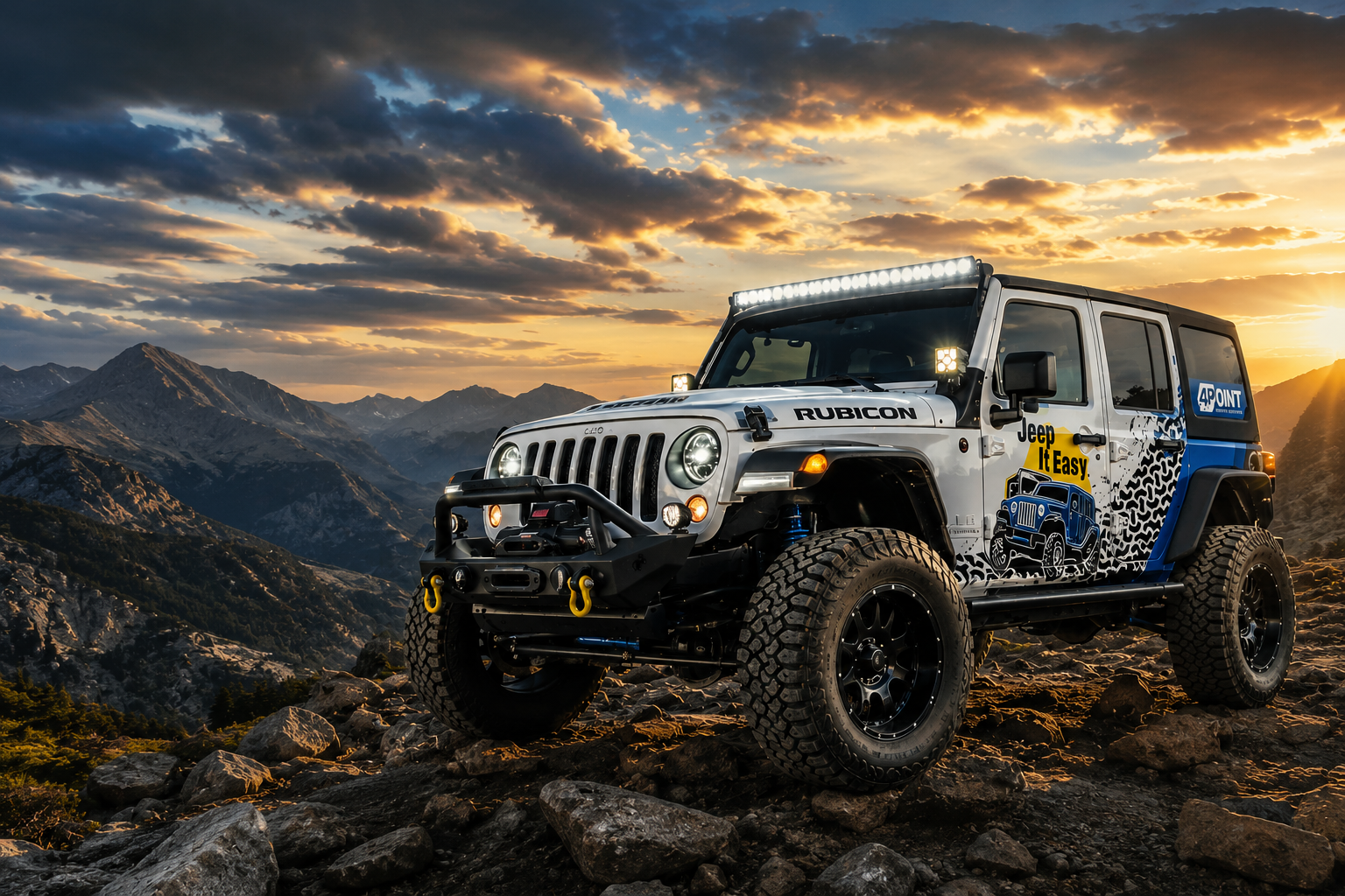 Customized Jeep Wrangler in mountain landscape