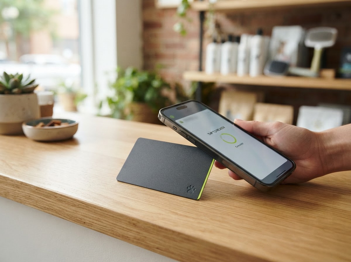 Smartphone tapping a branded Go Bark Loud NFC review card to open the Google review page