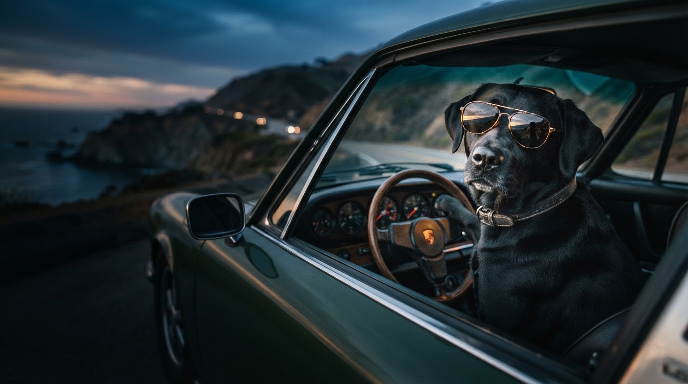 A cool dog wearing sunglasses driving a car, looking confidently at the camera
