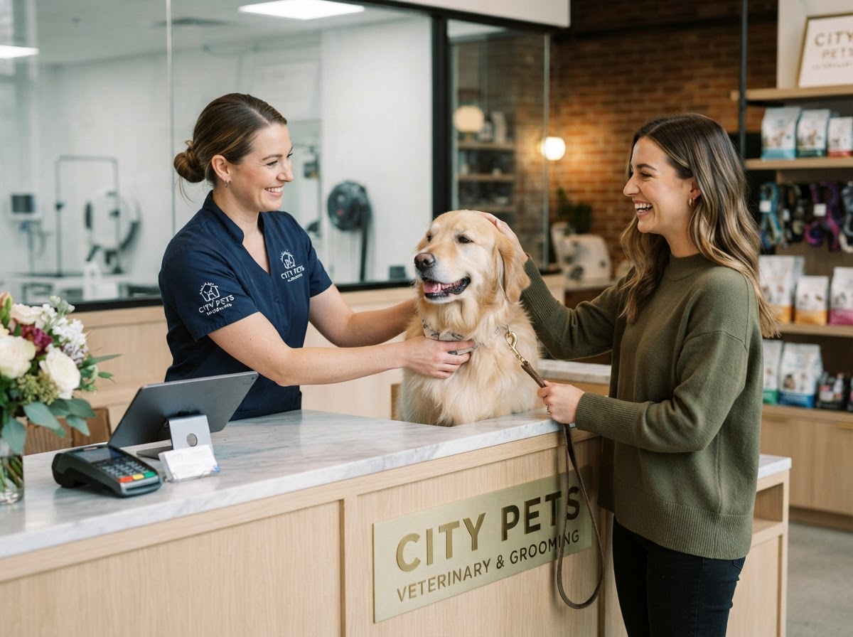 Groomer and pet parent smiling during handoff