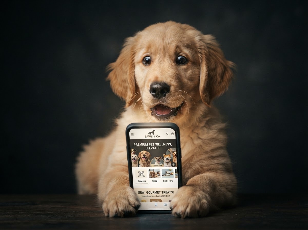 A surprised dog looking at a Go Bark Loud website on a phone screen