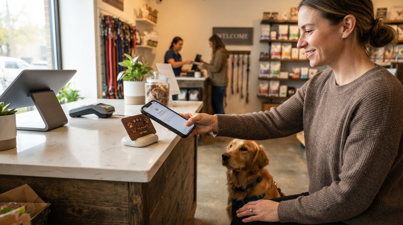 Pet owner tapping phone against NFC review card during checkout