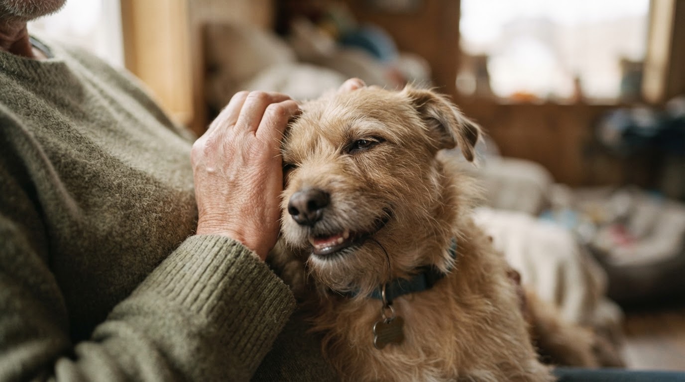 Caring human hand with a rescue dog, representing Go Bark Loud's commitment to animal welfare