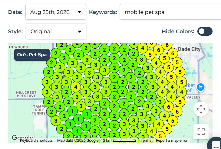 Ori's Pet Spa month twelve local search visibility heatmap