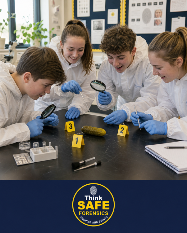 Students in forensic suits investigating evidence with Think Safe Forensics